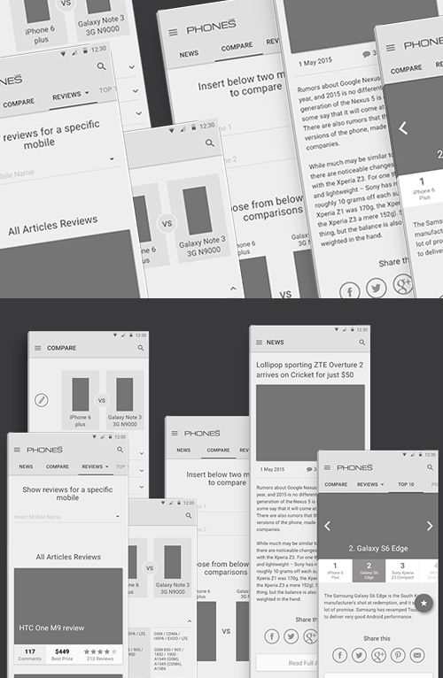 Free PSD Wireframes for Phones Reviews - Material Design