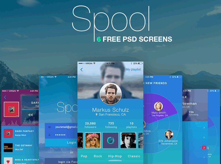 Spool Mobile UI Kit 6 Screens PSD Format Sergey Melnik