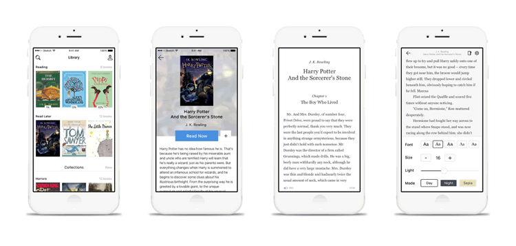 iOS Book Reader App UI 4 Screens Sketch Format Tilda