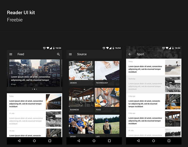 Reader UI Kit for Android 8 Screens PSD Format Andrey Novozhilov