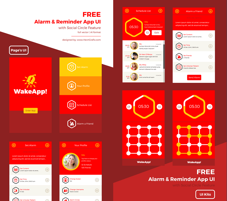 Alarm freebie Reminder Mobile App UI 8 Screens AI free EPS Formats HevnGrafix