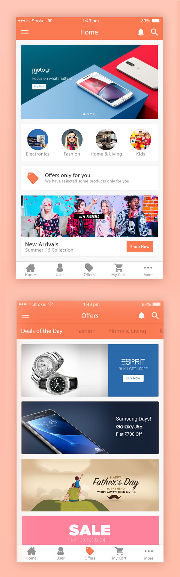 Free eCommerce iPhone 6 App UI PSD Templates