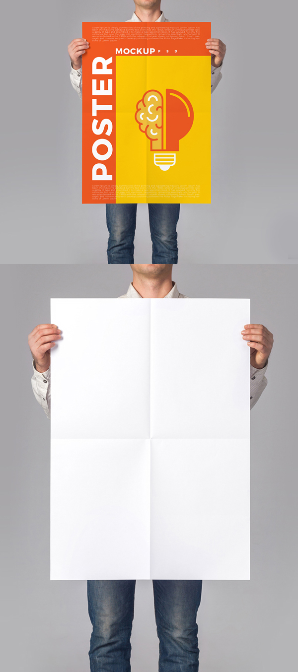 Man Holding Poster Mockup PSD Free