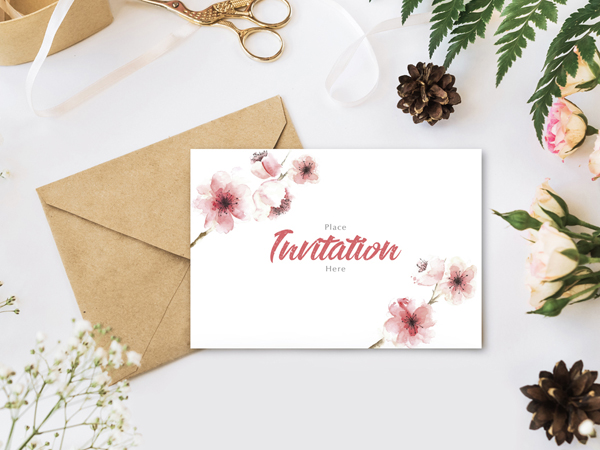 Free Stylish Branding With Flowers Invitation Mockup Psd