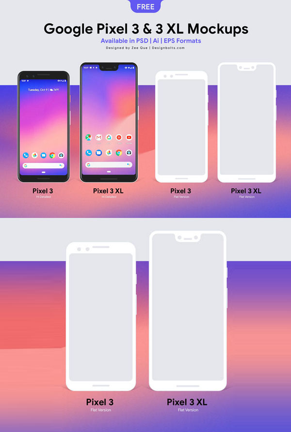 Free Google Pixel 3 & Pixel 3 XL Mockup PSD