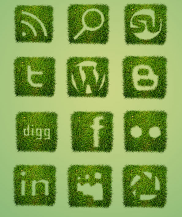 Grass Textured Social Bookmarking Icon Set