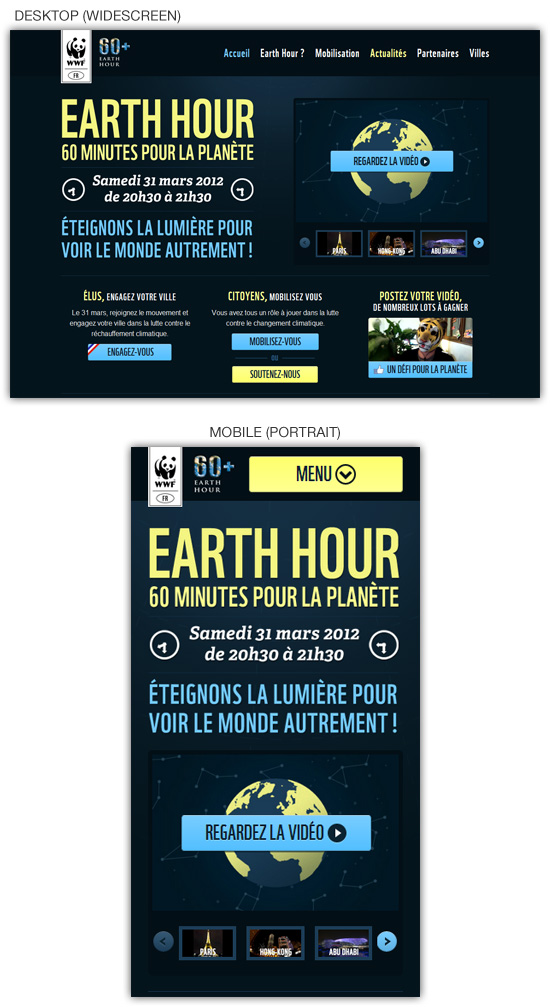 Responsive web design example: Earth Hour