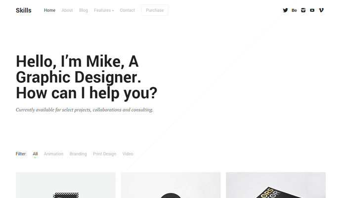 skills white minimalist portfolio freelance design theme