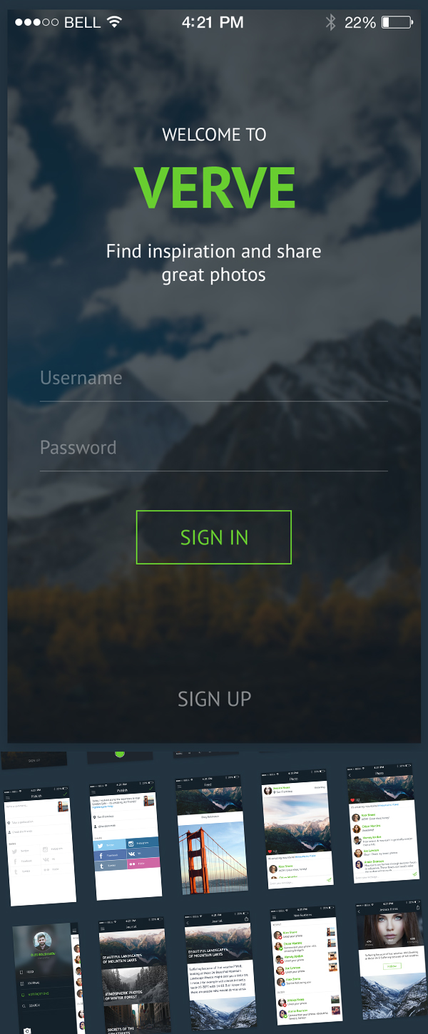 Free Verve UI Kit for iOS Photo & Social App by Oleg Bolshakov